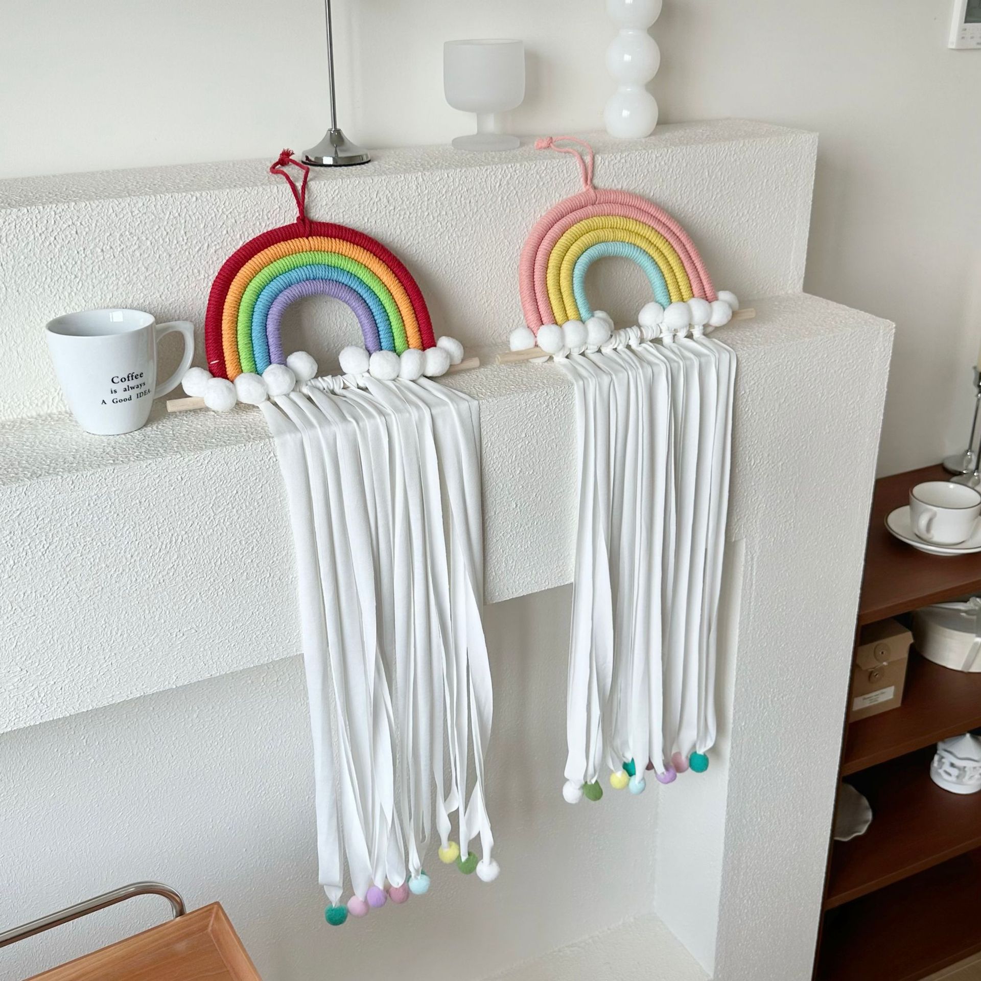 Rainbow tassel hair clip storage wonder, children's bedroom hairball knitting wall hanging hair clip, hair accessory organizing and dressing, wall decoration details Picture