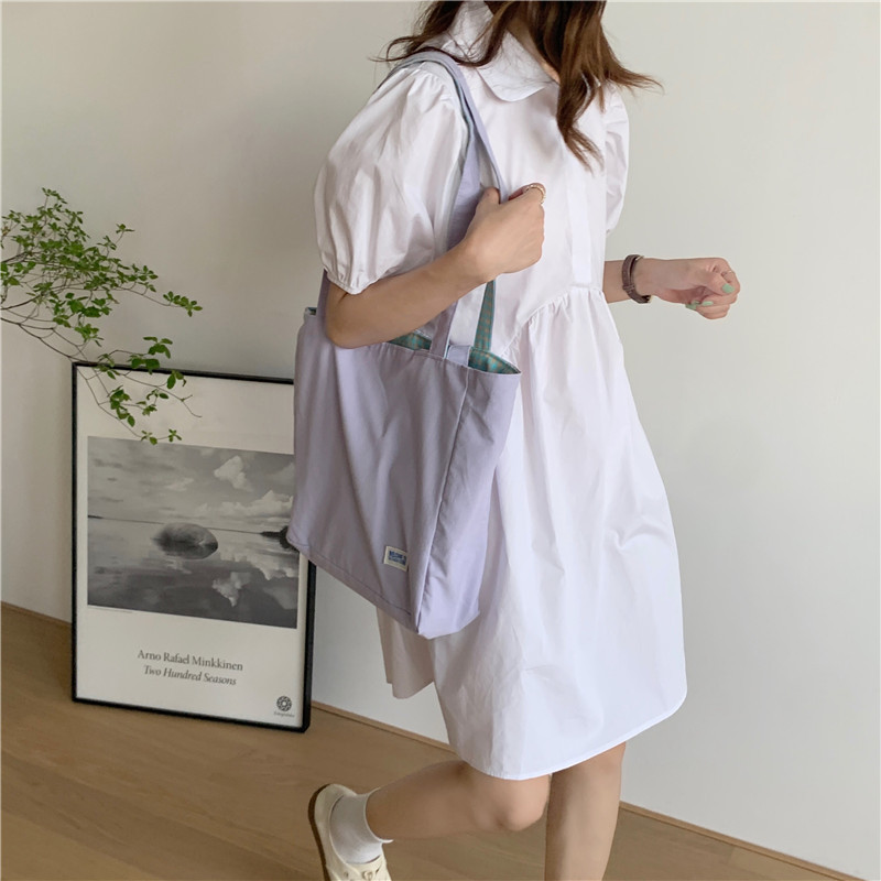 Wholesale of 12254 Japanese and Korean style double-bread simple checkered single-shoulder bag for student girls and casual dual-purpose canvas bag Specification drawing