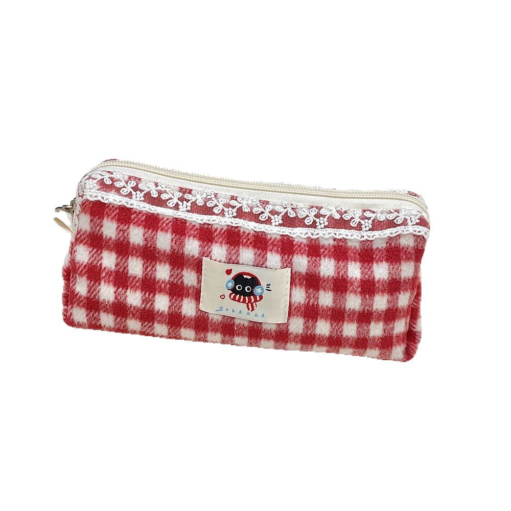 5222 New woolen checkered storage bag, student hygiene bag, stationery pen case, large-capacity multi-functional makeup bag Item Picture