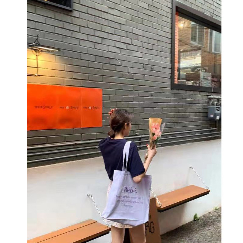 【 In Stock 】1581 Korean Bebe letch-embroidered canvas bag, ins Korean style macaron-colored student shoulder bag Application Scenario
