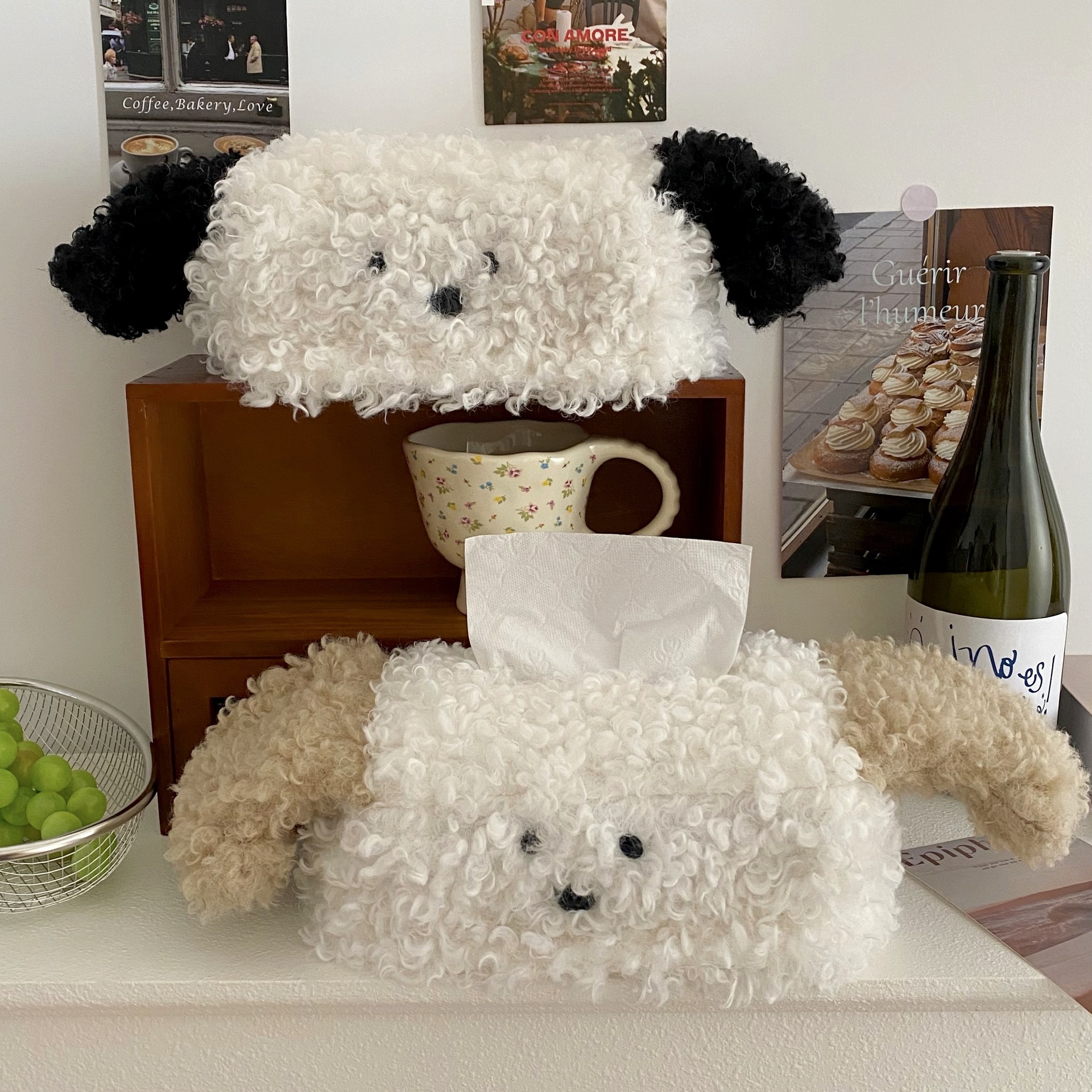 ins plush puppy tissue box, creative desktop coffee table tissue set, home living room tissue pack, car-mounted storage bag Specification drawing