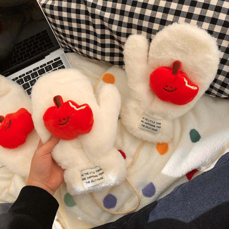 Cute apple plush gloves for women 2024 new style for autumn and winter cycling warmth, fleece windproof, neck-hanging and finger-connecting for cold protection Item Picture