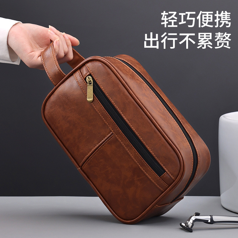 Cross-border new retro PU hand-held toiletry bag, large-capacity men's skin care product storage bag, portable travel toiletry bag details Picture