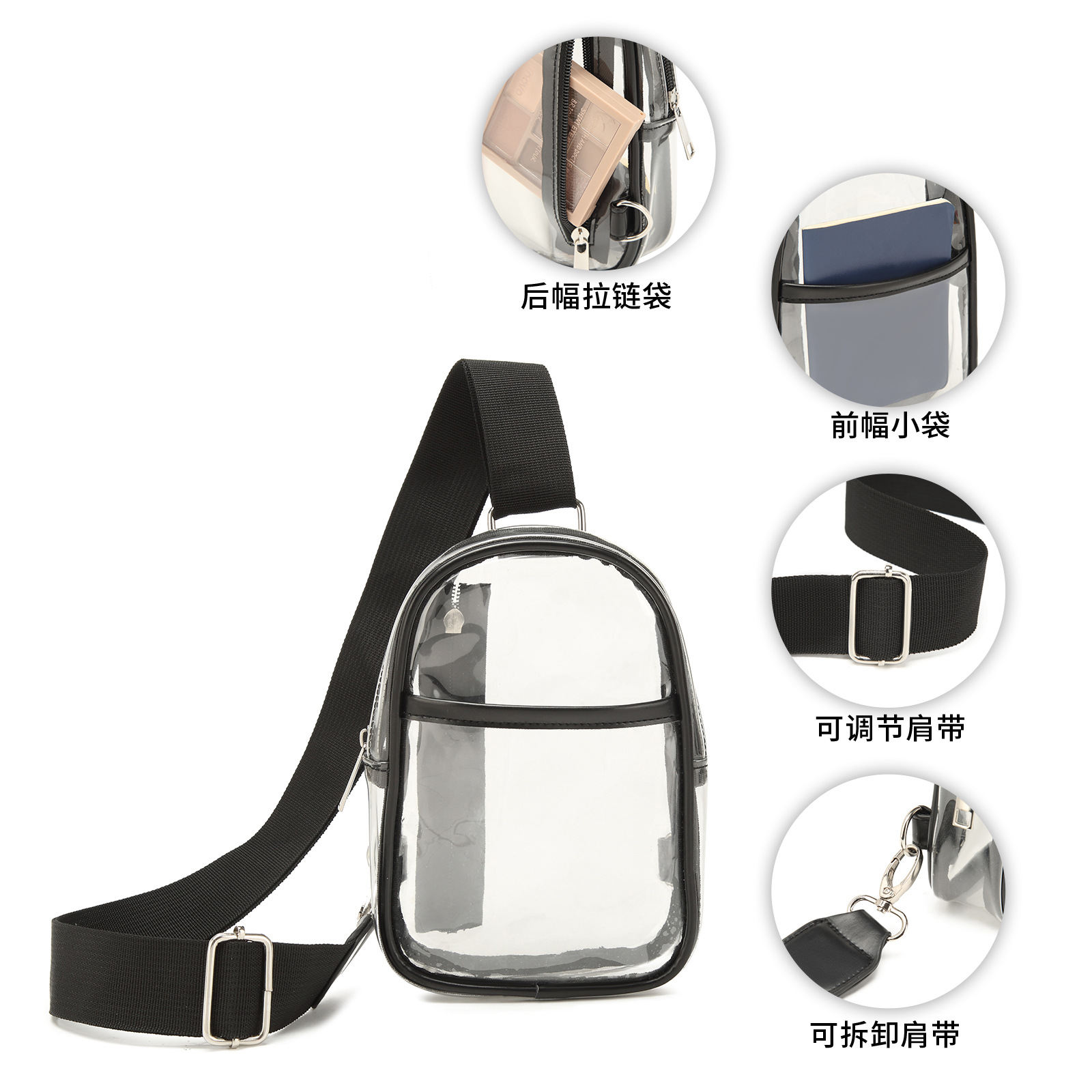 New cross-border pvc single-shoulder bag, transparent crossbody bag, fashionable Korean style men's and women's small chest bag, waterproof sports hanging bag details Picture