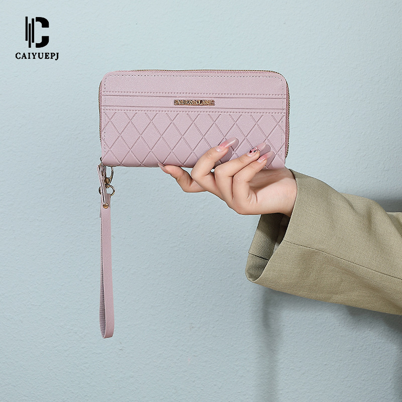 Wholesale of new women's wallets, long cross-border hand-held bags, card bags, solid color grid pattern cross-border zipper hand-held bags full figure
