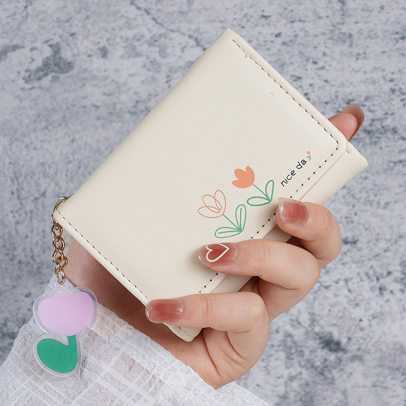 2024 New mini wallet Women's short three-fold solid color simple print cute and fresh student folding wallet card case Application Scenario