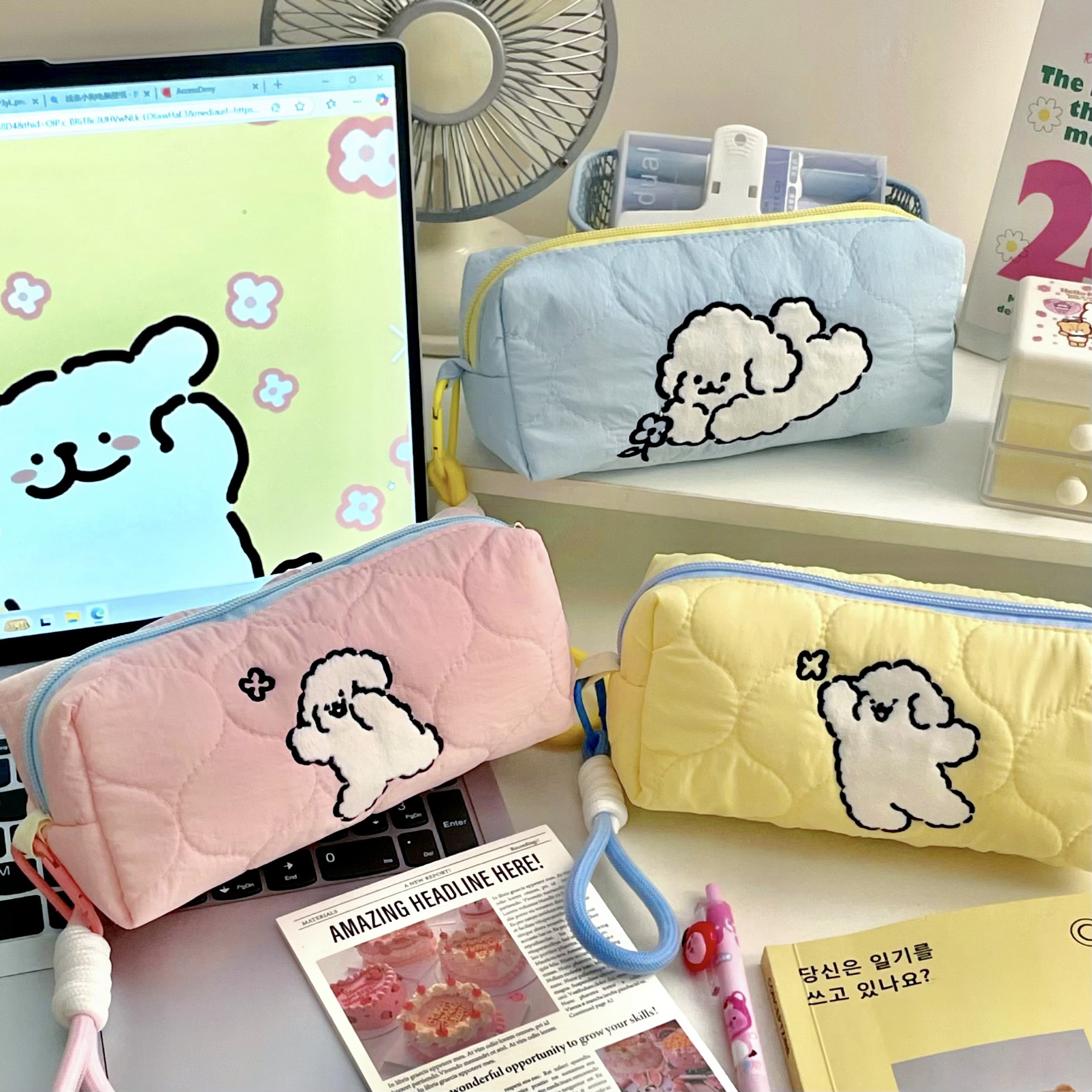 Cartoon line puppy pen case ins2025 New large-capacity stationery bag, student pen case, mobile phone storage bag full figure