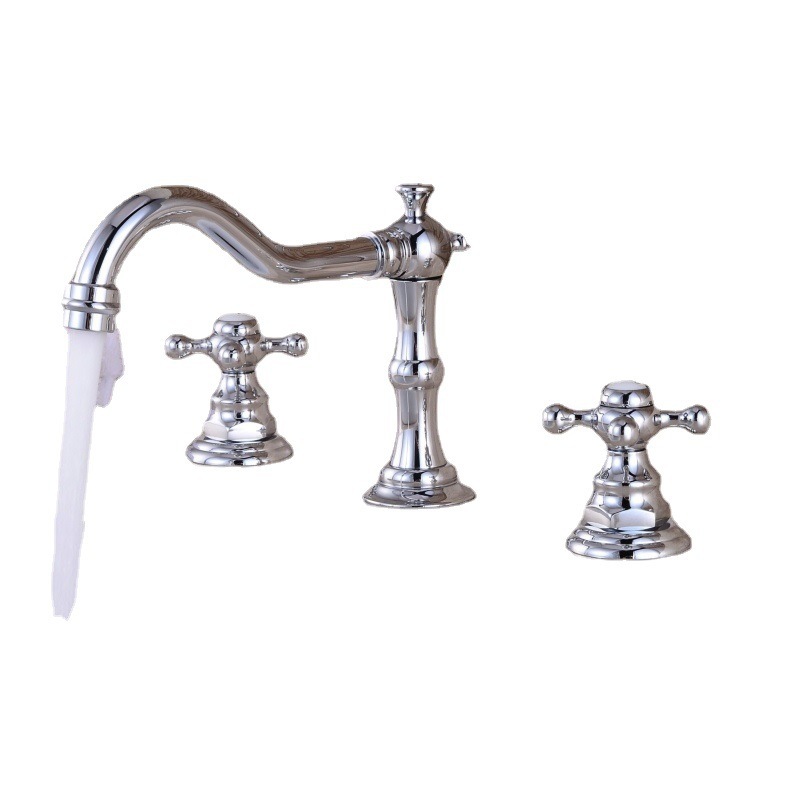 European-style faucet, antique three-hole faucet, all-copper hot and cold 8-inch chrome-plated American countertop basin faucet, rotating Item Picture