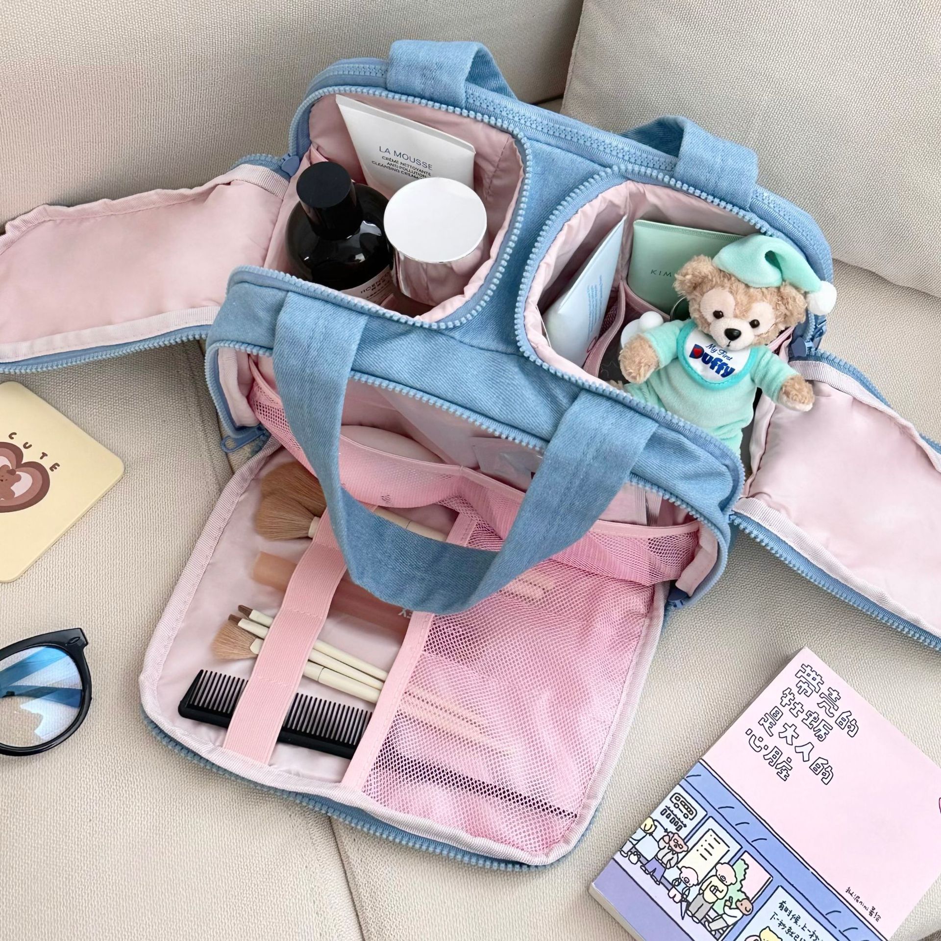 Denim double-opening makeup bag for women, portable large-capacity toiletry bag for going out, and a separate storage bag for cosmetics and brushes full figure