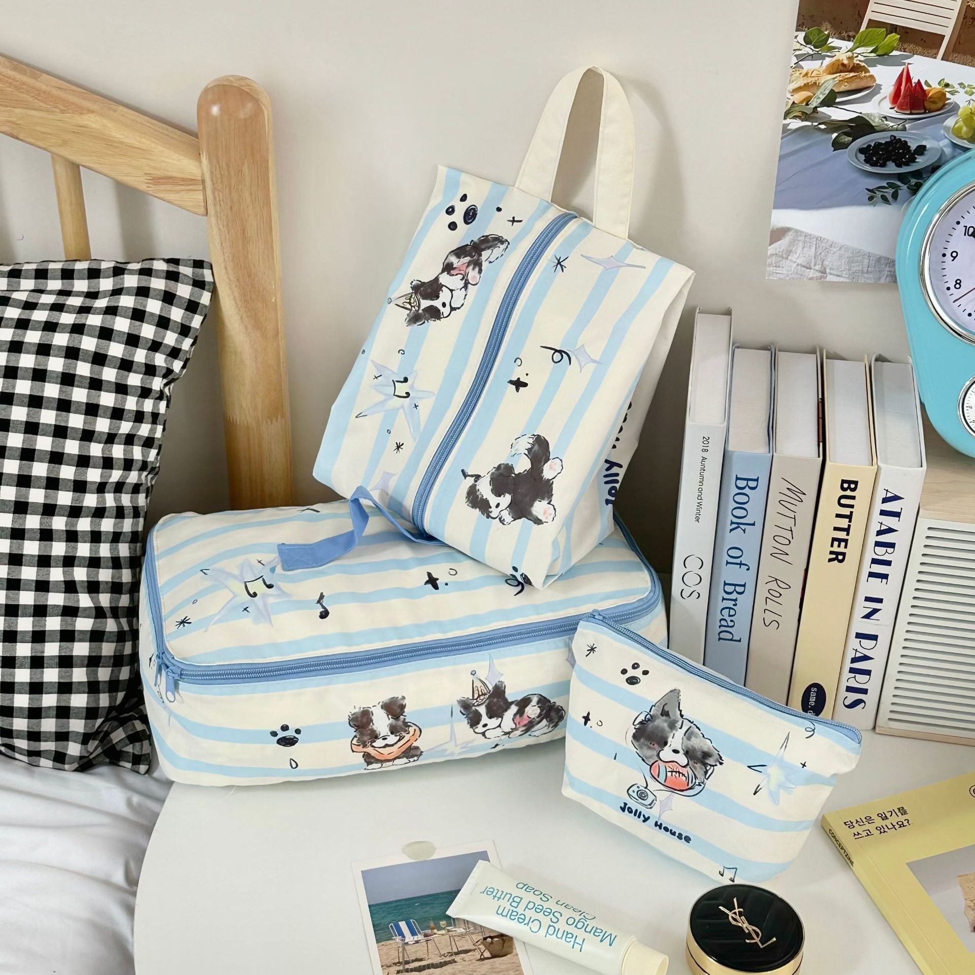 Cute music Border Collie travel storage bag, clothing sorting bag, suitcase clothing sorting bag, travel four-piece set Specification drawing