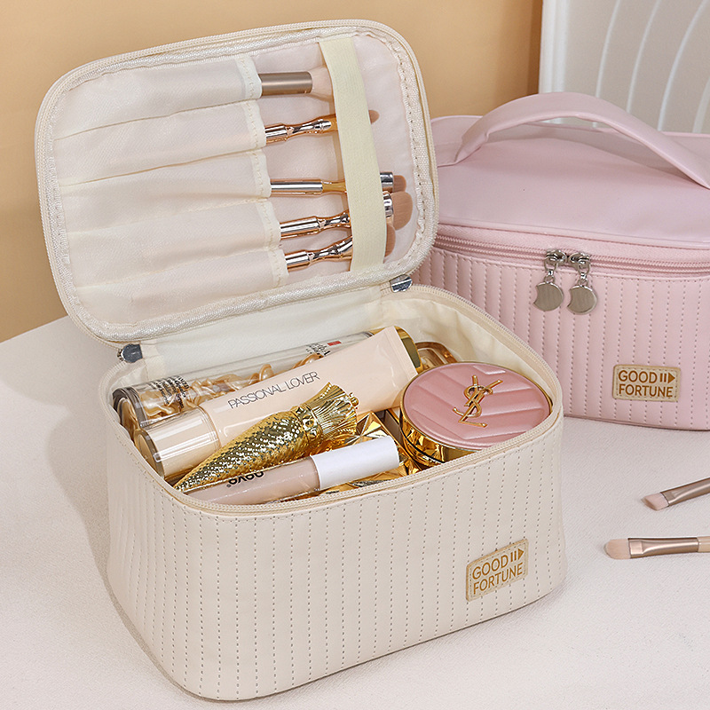 Open-lid cake makeup bag, PU solid color hand-held toiletry bag, cosmetics storage bag, makeup bag, large capacity, high-end feel details Picture
