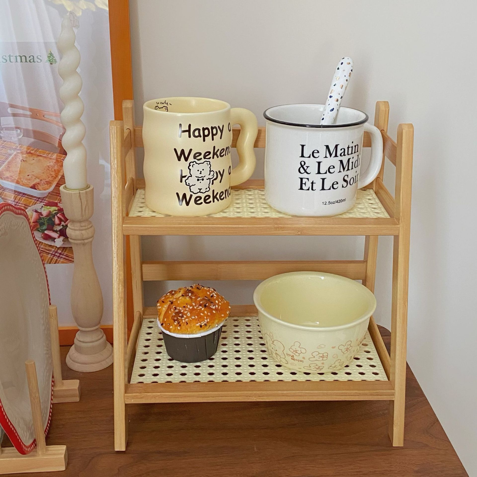 ins Chinese-style rattan cream-colored double-layer desktop storage rack for dormitories, bedrooms, offices, kitchens, cup holders and organizing racks Application Scenario