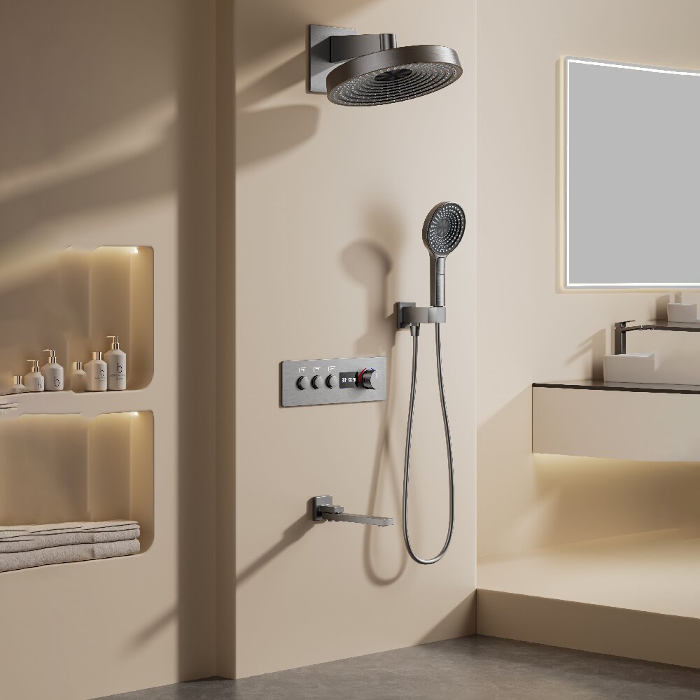 Concealed wall-mounted shower head, three-speed pressurized large top shower head set with water flow and temperature under the waterfall details Picture