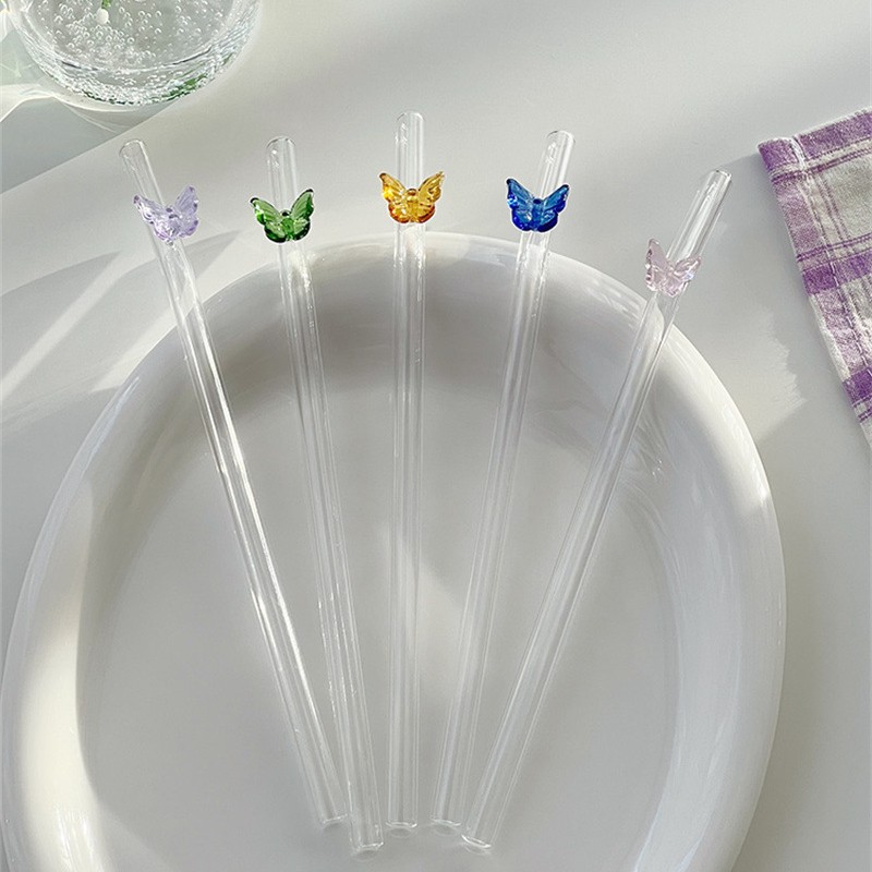 Three-dimensional colorful butterfly glass straws, high appearance level, ins style, girlish, heat-resistant milk coffee elbow straws details Picture