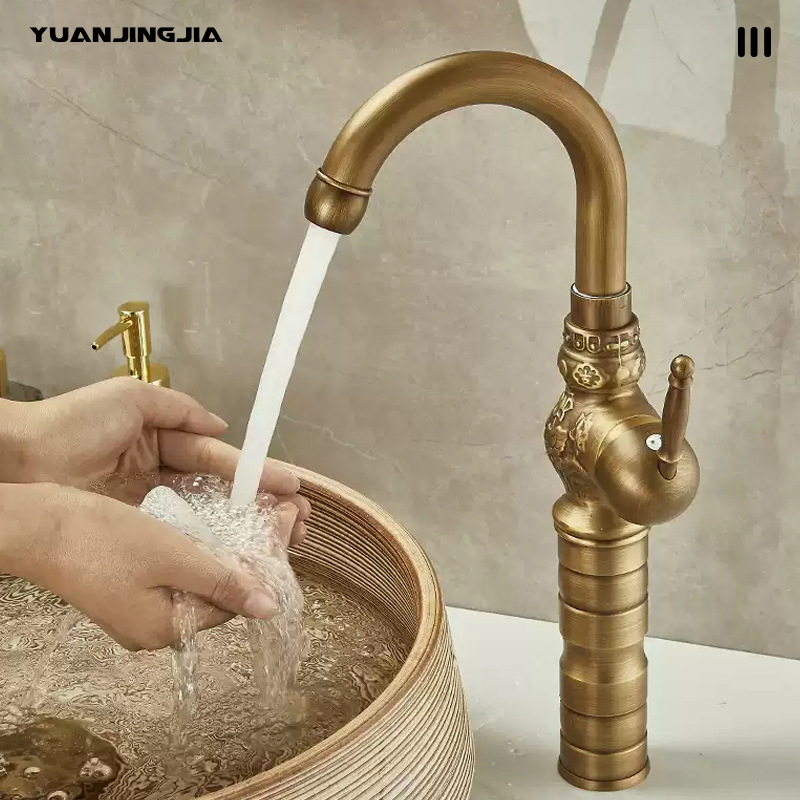 Retro carved thickened all-copper basin faucet, bathroom countertop basin, rotatable hot and cold water faucet Specification drawing