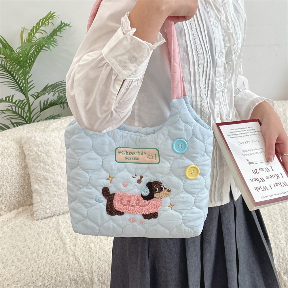 411231 Laid-back style student class backpack, cute embroidered puppy color-blocking single-shoulder bag, large-capacity tote bag Specification drawing