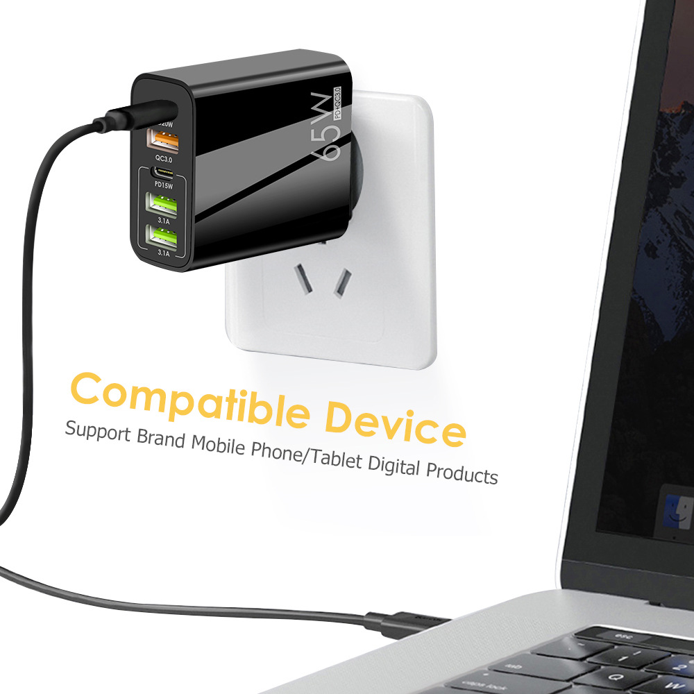 New PD65W fast charging mobile phone charger, 5V4A, European, American and British standard PD+3USB multi-port adapter charging head details Picture