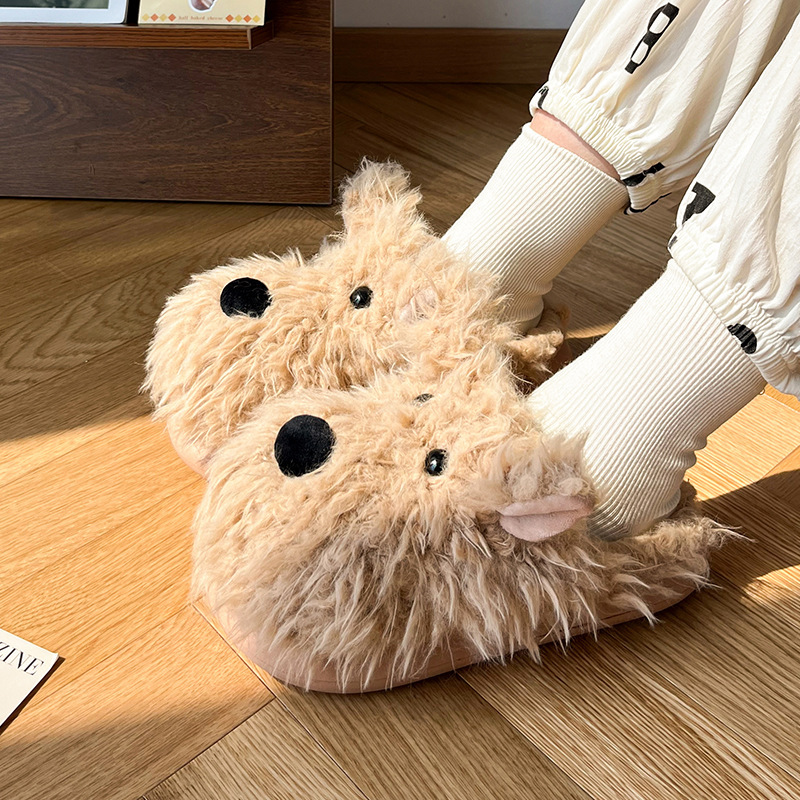 Sloppy little dog cotton slippers for women's winter indoor anti-slip and warm half-pack and plush postpartum soft-soled wool slippers Specification drawing