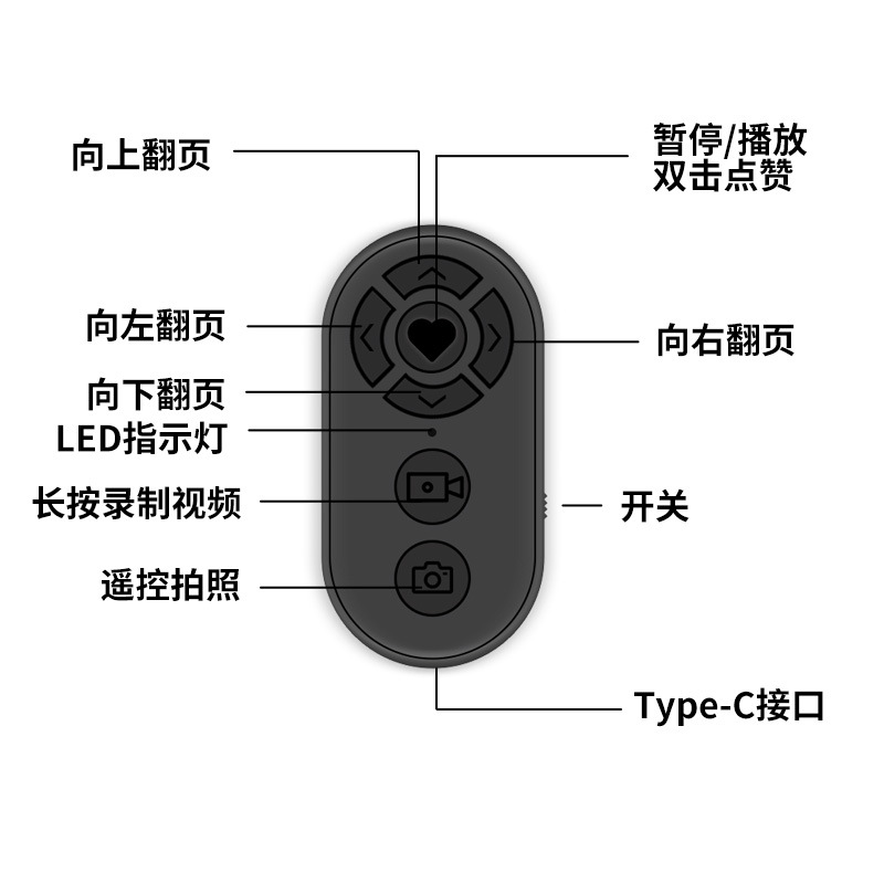 Mobile phone Bluetooth remote control, 7-key charging model, wireless photography, self-recording, video recording, Douyin, likes, page turning Item Picture