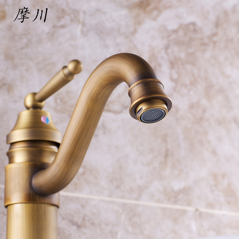 Brass European-style antique bathroom basin faucet, cold and hot single-hole washbasin with high countertop faucet Specification drawing
