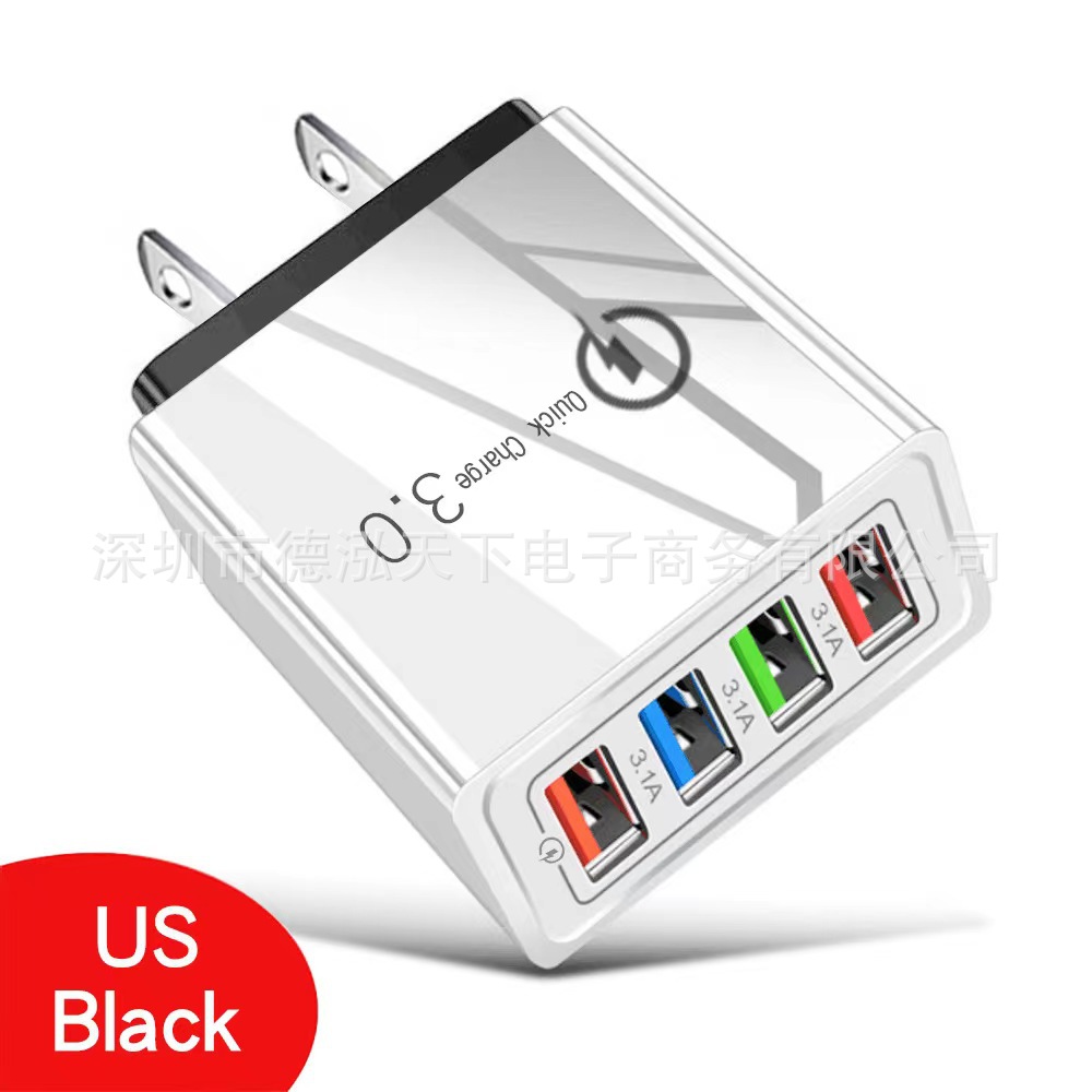 4USB mobile phone multi-port charger, 5V2A power adapter, travel wall charger plug, European, American and British standard charger head wholesale Item Picture