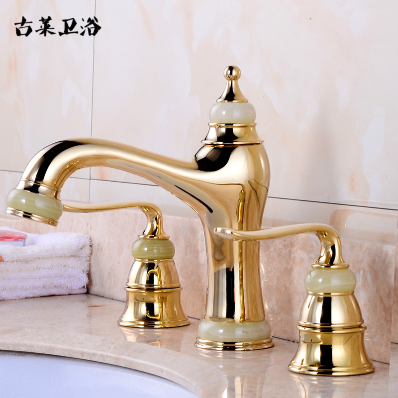Gulai all-copper European-style three-hole washbasin faucet, jade gold washbasin, double-handle cold and hot water faucet, rose gold full figure