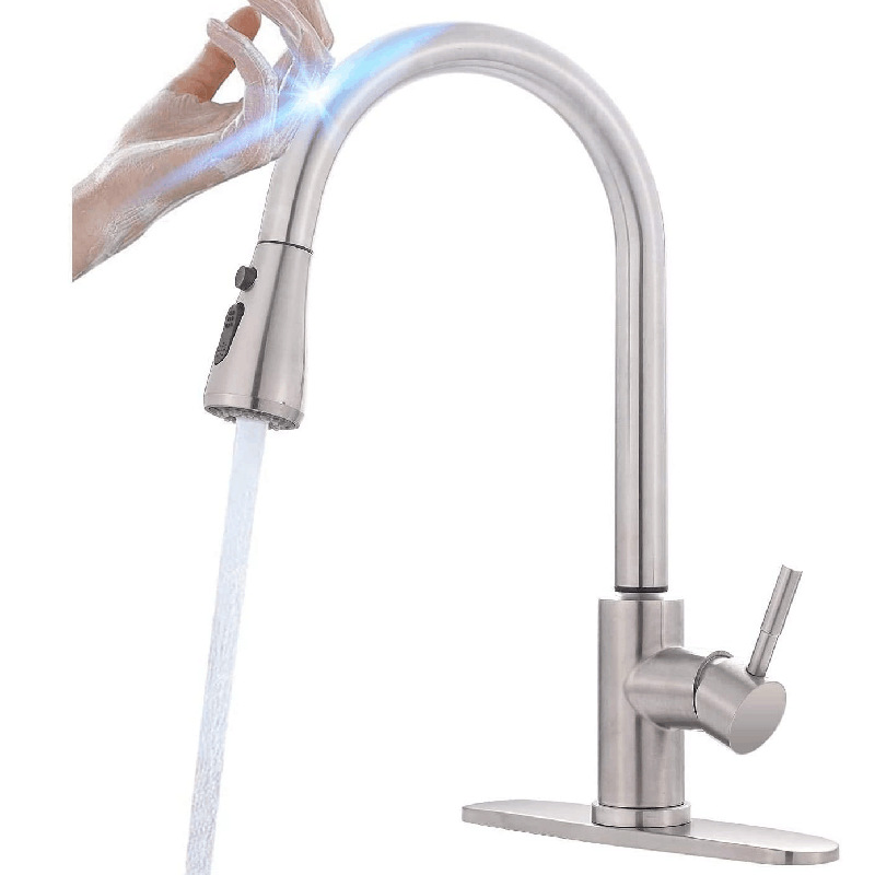 Cross-border 304 stainless steel touch pull-out faucet, brushed cold and hot rotating sensor kitchen pull-out faucet Item Picture
