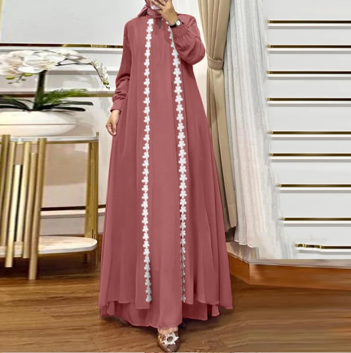 In-stock 2025 new style Middle Eastern Muslim fashion and elegance solid color loose long-sleeved lace cardigan robe dress pic 2