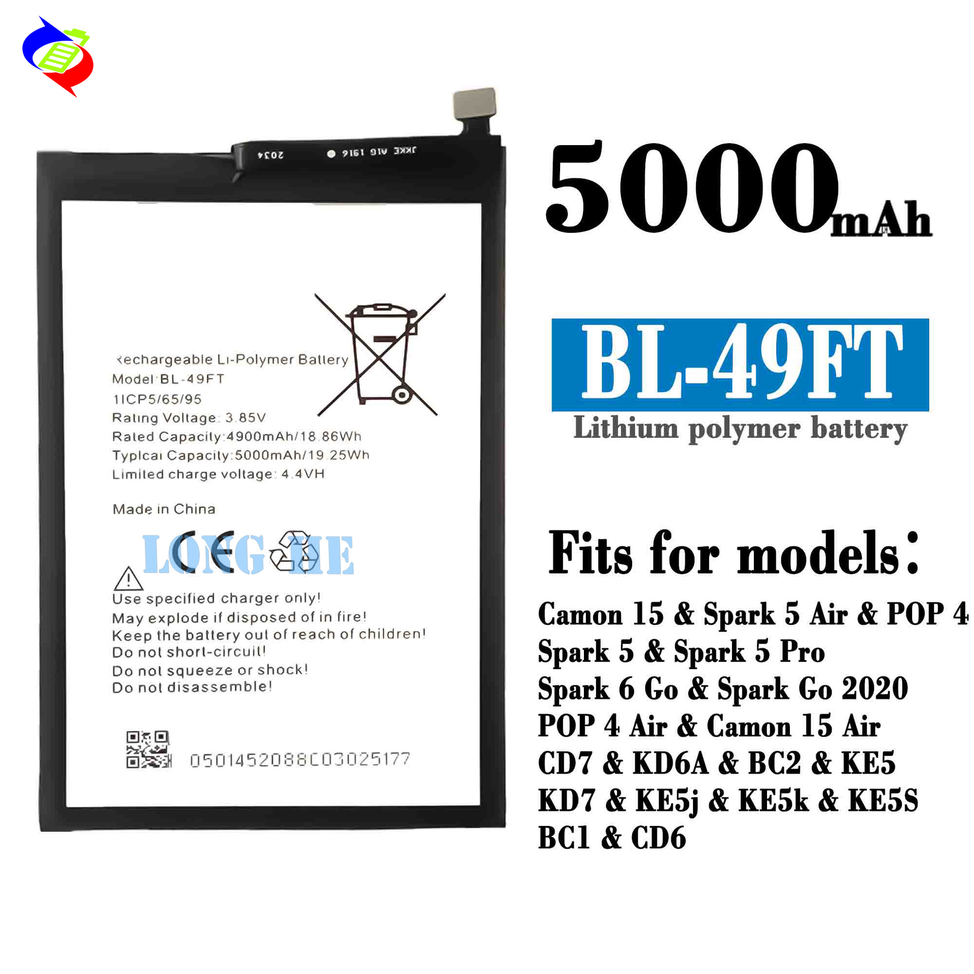 Applicable to Transsion Spark 5 Air/6 Go mobile phone battery BL-49FT with large capacity 5000mah factory wholesale full figure