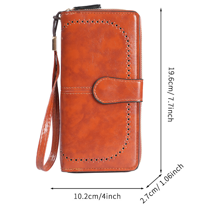 The manufacturer wholesals new fashionable oil-wax leather large-capacity wallets for women, long and large banknote holders, and hollowed-out wallets for women Item Picture