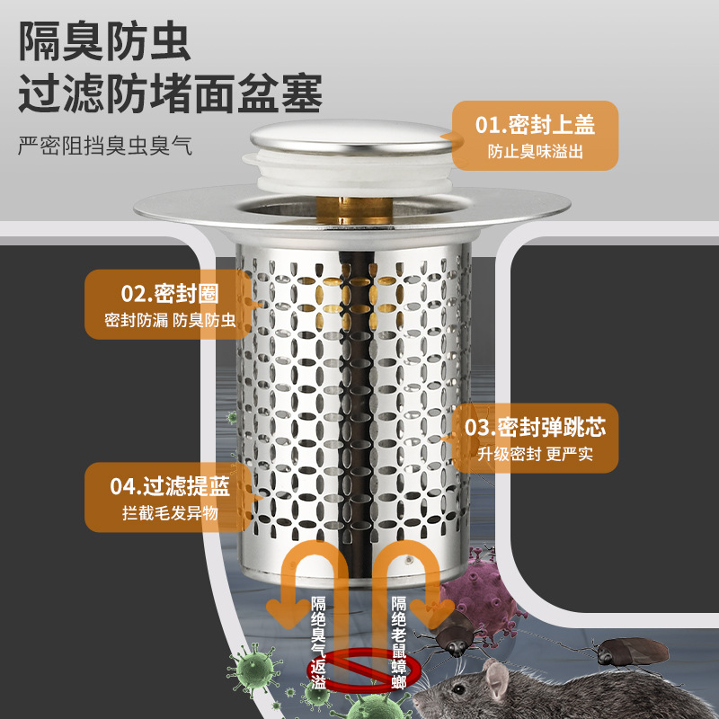 Washbasin leakage plug, washbasin drain accessories, anti-clogging press spring core, stainless steel filter screen, cross-border details Picture