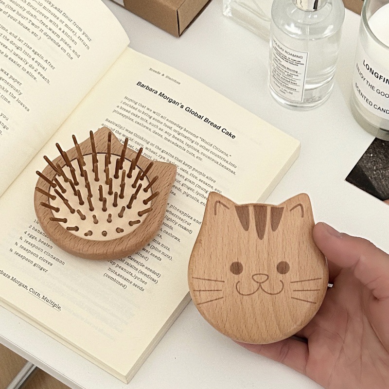 Mini and cute cat airbag comb, small beech wood portable round comb, massage scalp and hair care comb, portable wooden comb for women Item Picture