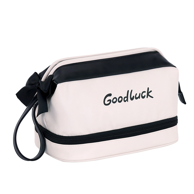 Cross-border new product: Minimalist steel support cosmetic bag, double-layer large-capacity travel portable, zoned and layered cosmetic storage bag Item Picture