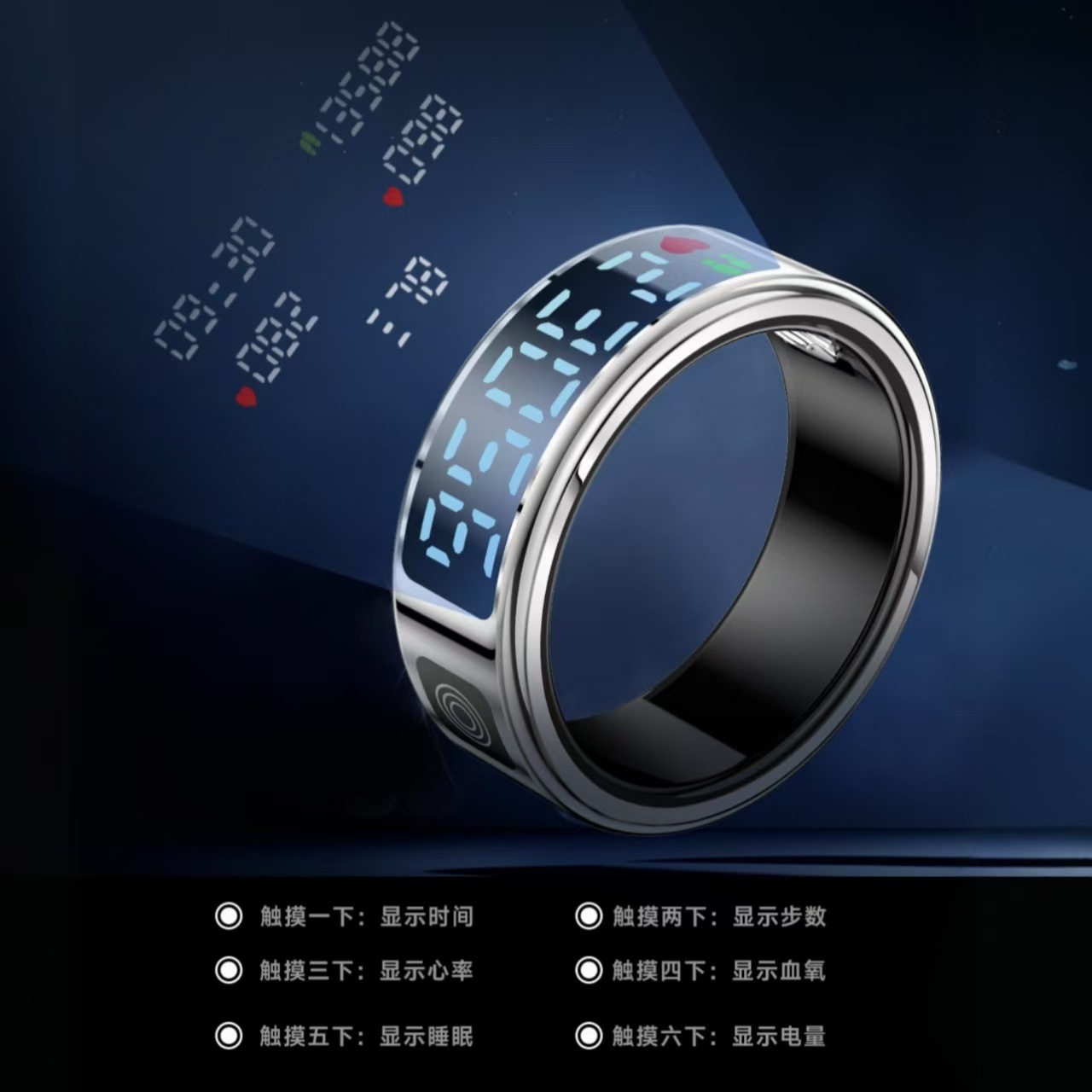 The high-tech digital display screen smart ring monitors heart rate, blood oxygen, sleep health and steps for exercise details Picture