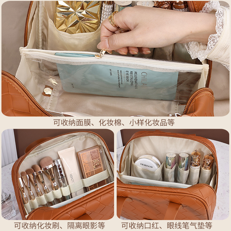 New retro large-capacity crescent-shaped hand makeup bag to enhance appearance level, travel woven pattern cosmetics, washbasin storage Application Scenario