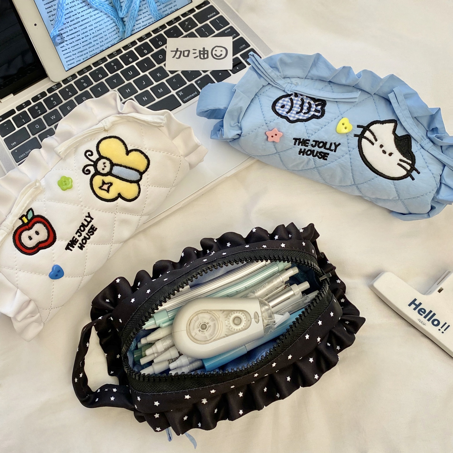 Korean-style lace pen case, cartoon embroidered dumpling shape, large-capacity stationery bag for children and students, storage bag, pencil case Specification drawing