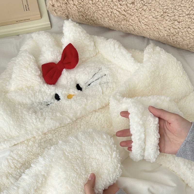Cute cartoon kitten shawl 2024 new autumn and winter thickened warm blanket with hat, velvet blanket, nap blanket cape Specification drawing