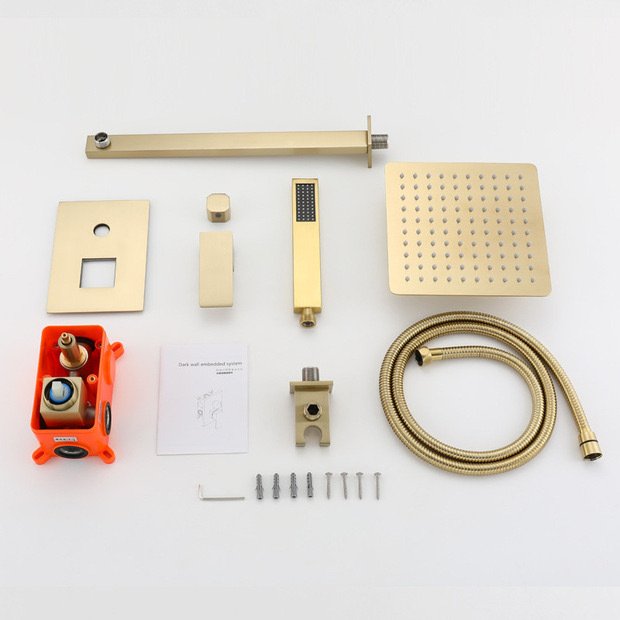 Wholesale brushed gold stainless steel concealed wall-mounted shower head set, copper embedded box, square gold faucet Application Scenario