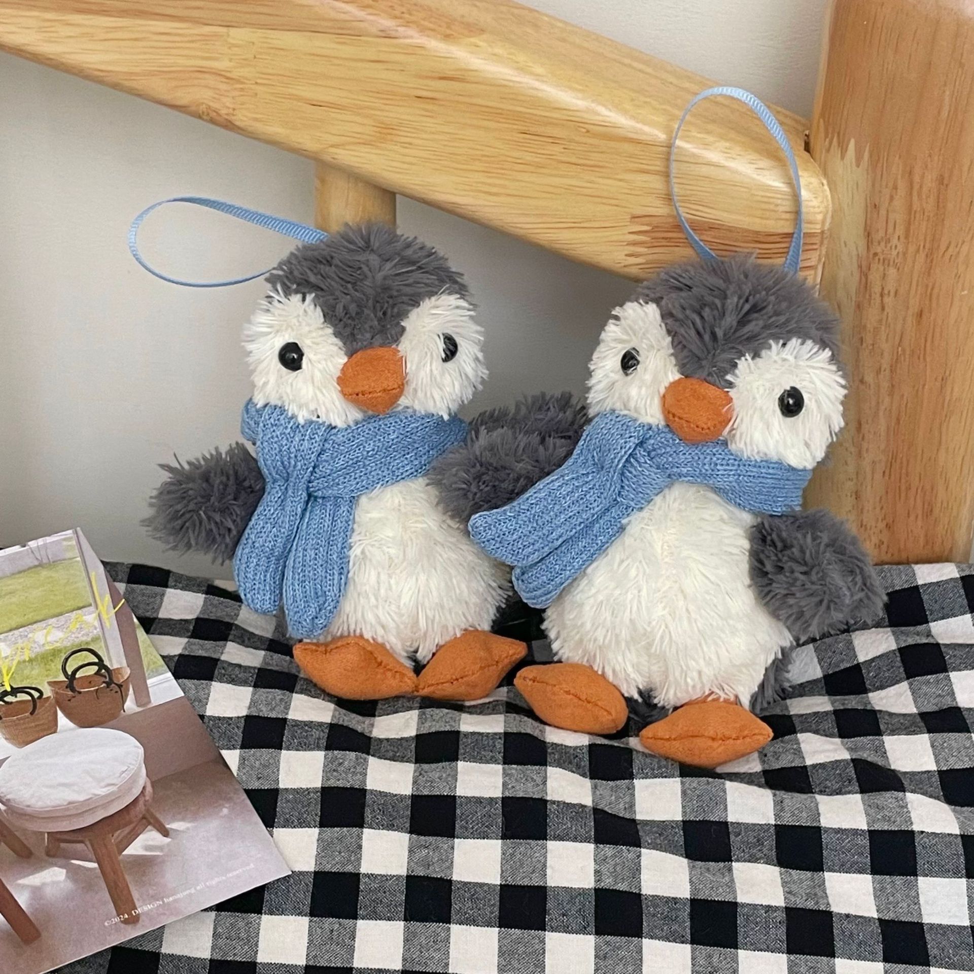 Cute blue scarf little penguin pendant, ins creative plush penguin keychain bag pendant, decorative gift full figure