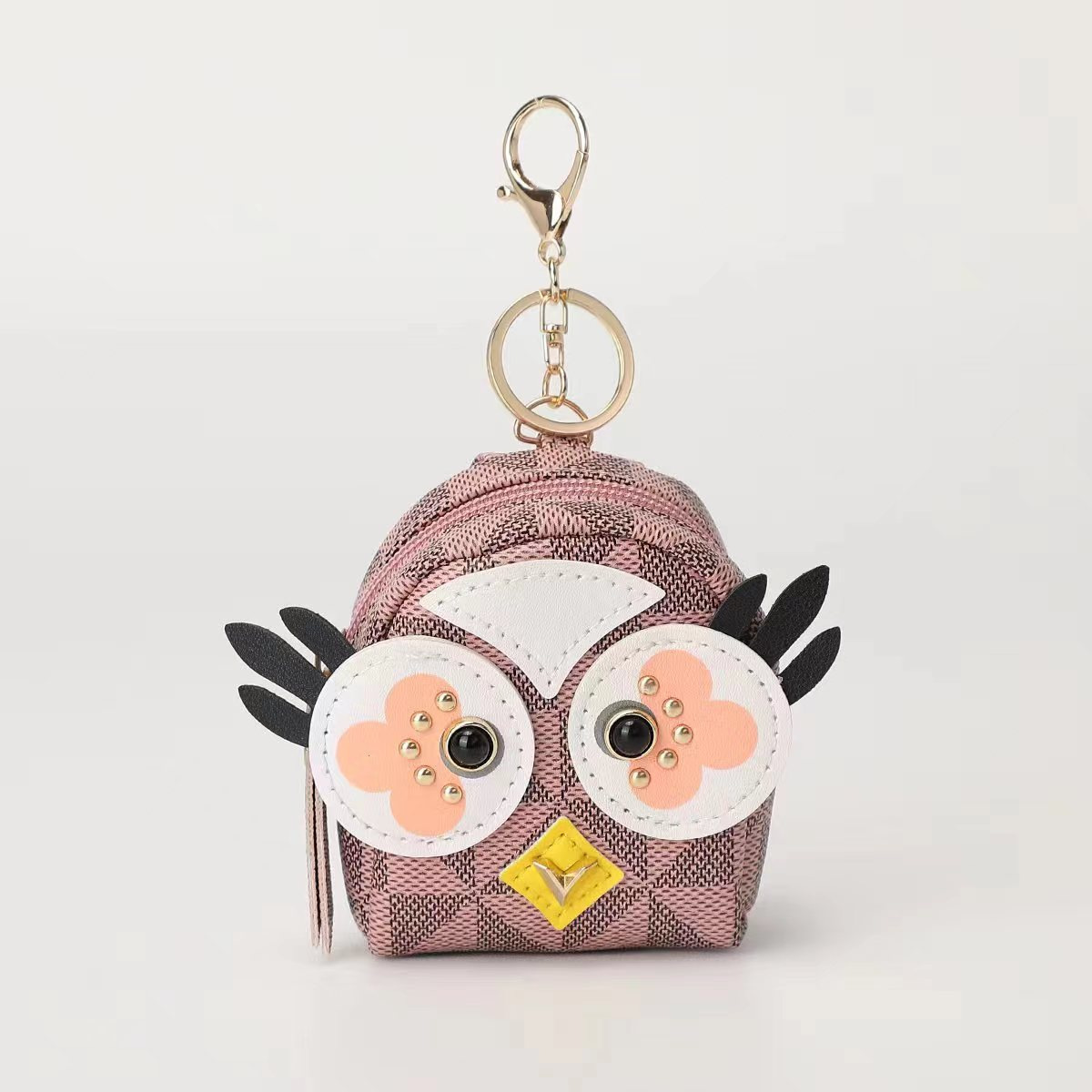 Fashionable mini monogram checkered leather owl coin purse keychain, live-streaming bestseller pendant storage bag details Picture
