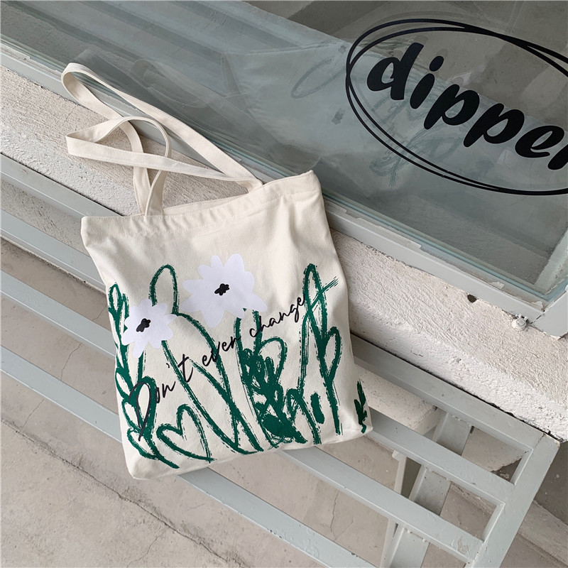 19142 Japanese chamomile printed single-shoulder bag, simple and cute tote bag for girls and students, large capacity canvas bag details Picture