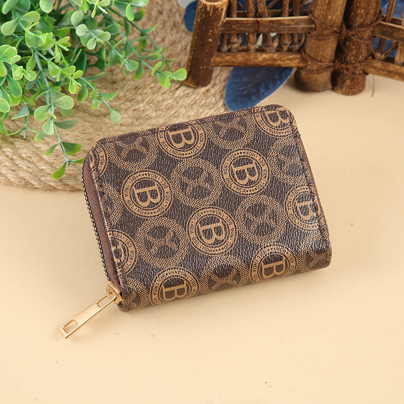 A short Korean version of a lady's wallet with old PU patterns, multiple slots, charming and small zipper wallet LOGO Specification drawing