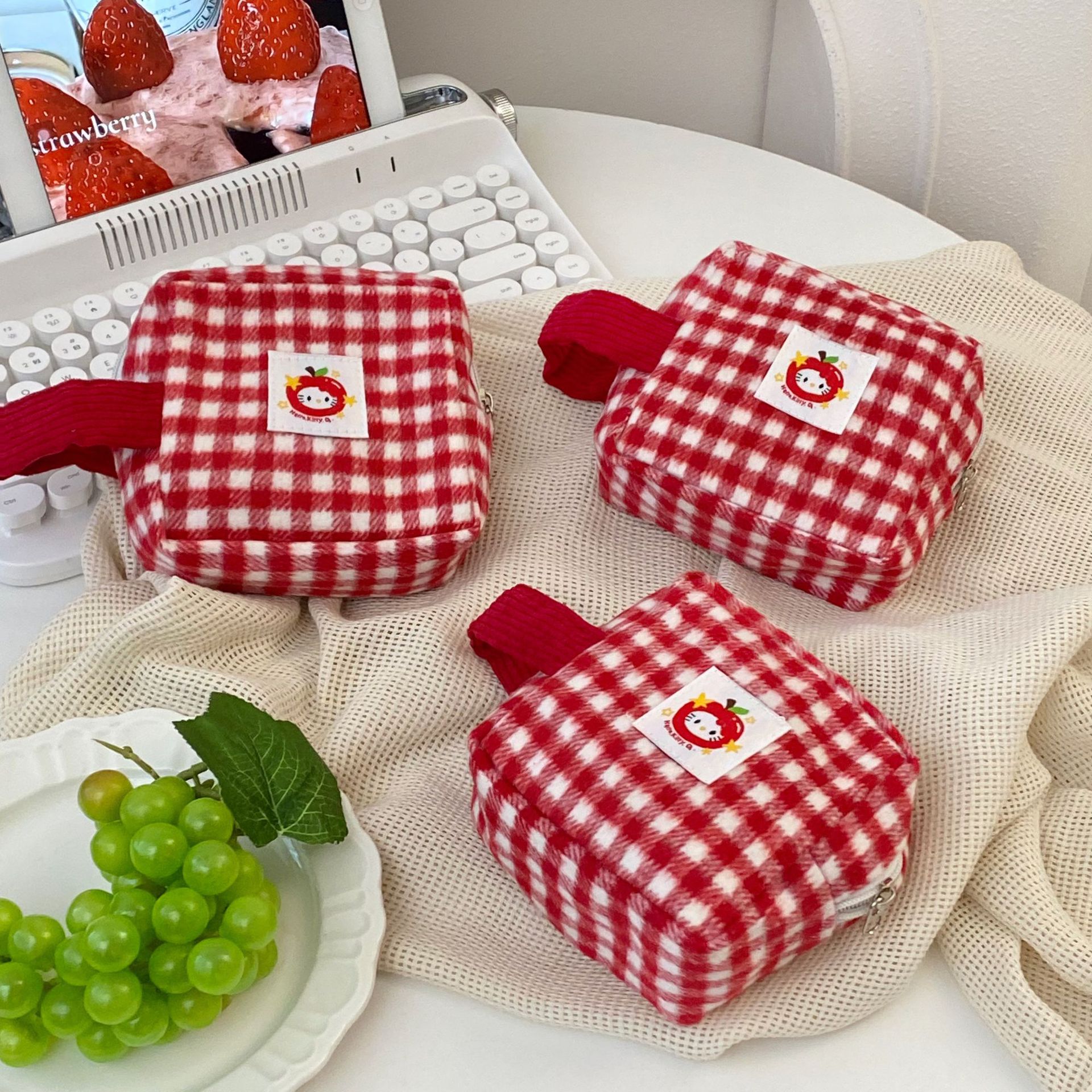 New red checkered storage bag, cute Ins-style square toiletry bag, portable travel essential makeup bag for women full figure