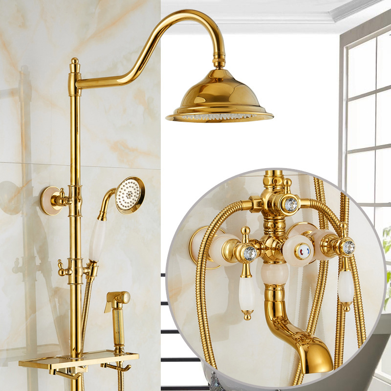 European-style shower head set, golden lapis lazuli marble shower head, antique faucet, all-copper mixing valve, retro style Specification drawing