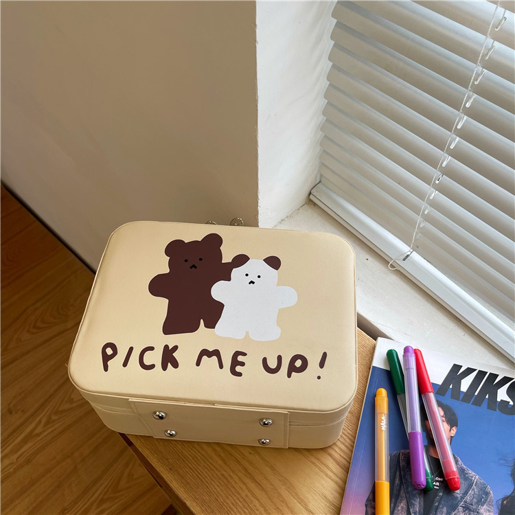 Korean ins high-end cream bear portable makeup case, large-capacity makeup bag, travel mirror portable storage box Specification drawing