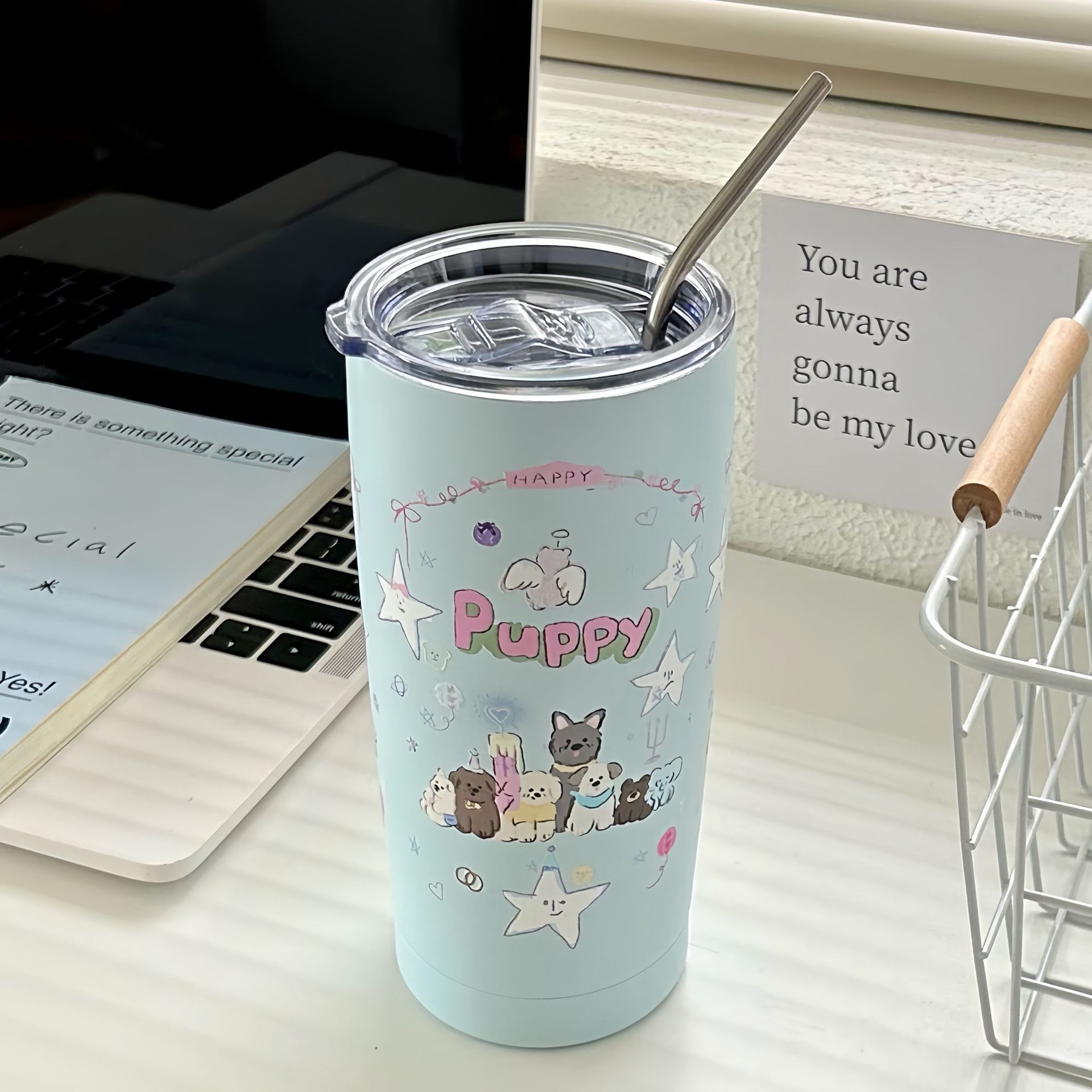 Korean-style cartoon puppy insulated cup, high appearance level 304 stainless steel water cup, high-temperature resistant portable straw cup, coffee cup Specification drawing