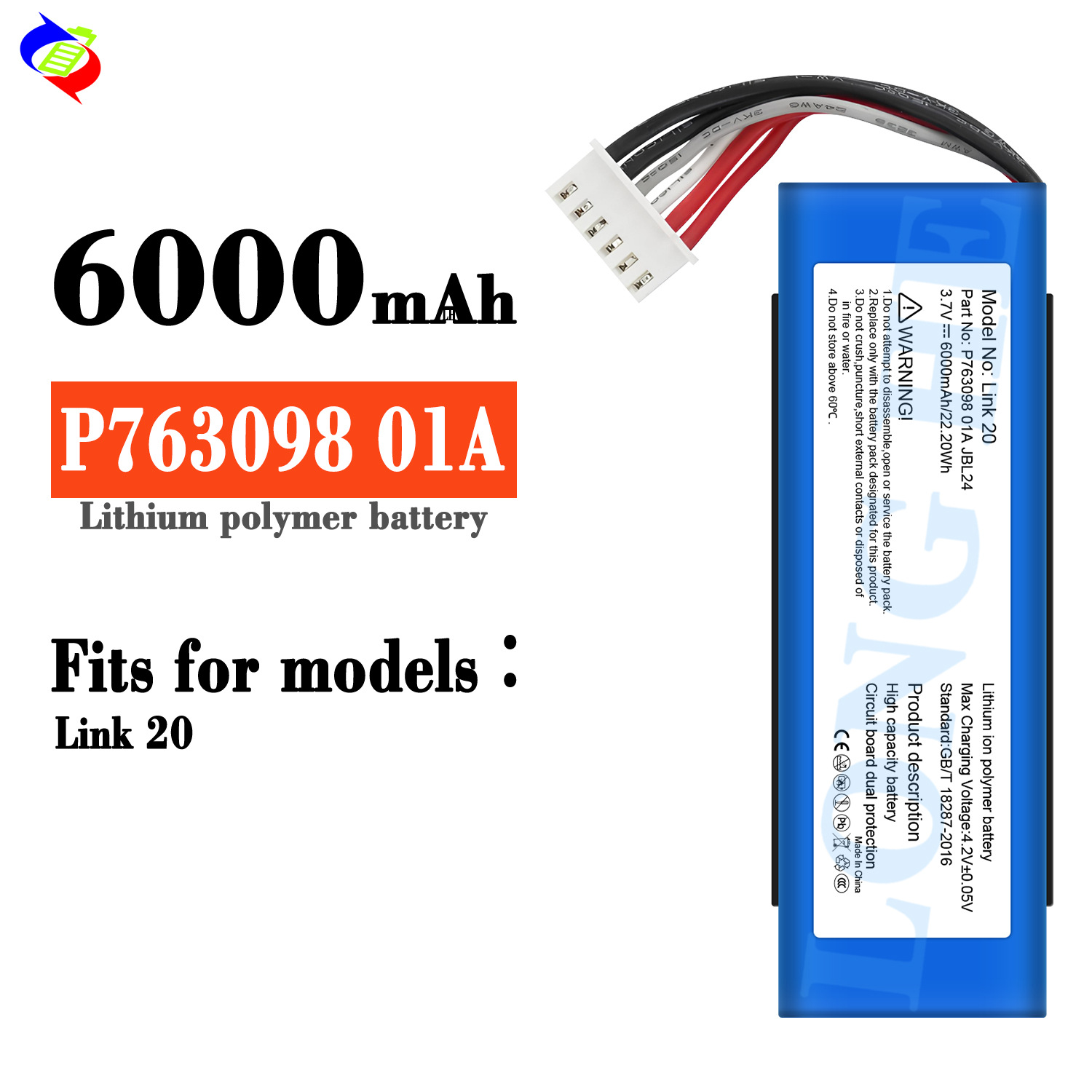 Suitable for JBL Link 20 Bluetooth speaker battery P763098 01A factory wholesale export 6000mah full figure