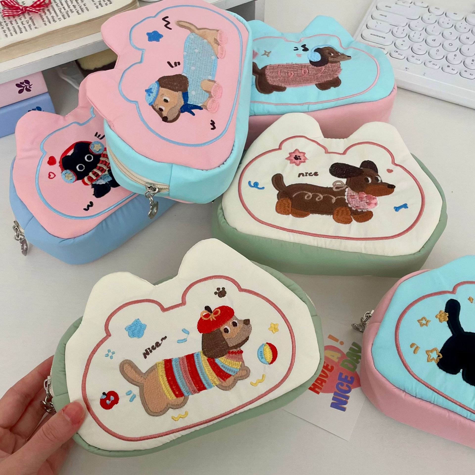Cute little dog embroidered pen case 2025 new style, large capacity, high appearance level, student pencil case, stationery bag, storage bag for girls details Picture