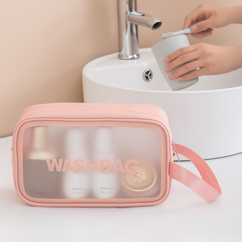 Wholesale of simple, large-capacity, high-appeartion-level cosmetic bags, portable hand-held pu transparent waterproof travel toiletries and storage bags Application Scenario