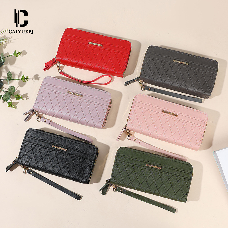 Wholesale of new women's wallets, long cross-border hand-held bags, card bags, solid color grid pattern cross-border zipper hand-held bags details Picture